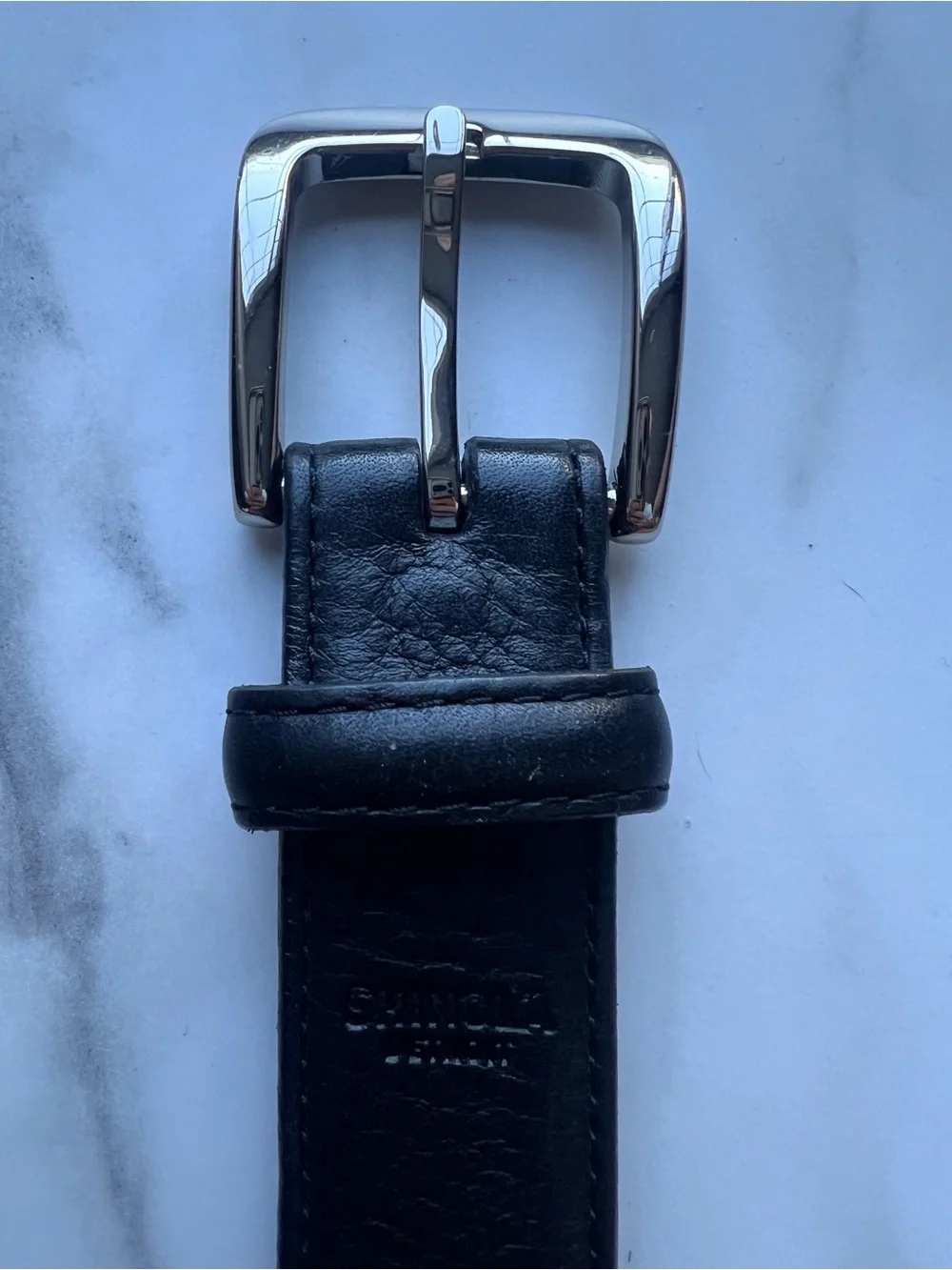 Shinola Black Leather Belt with Brown Interior and Silver Buckle 36